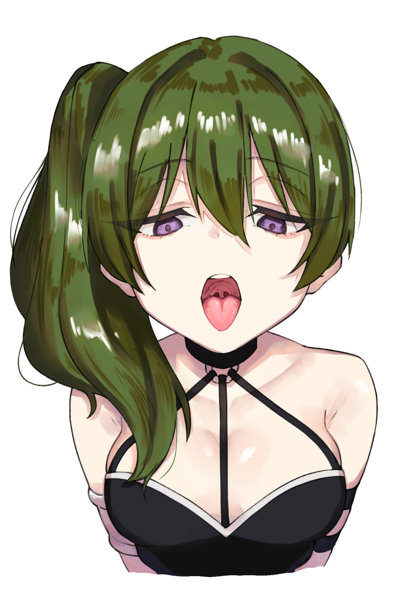 1girl arm_strap arms_at_sides bare_shoulders black_choker black_dress breasts choker commentary cropped_torso dress eyes_visible_through_hair green_hair hair_between_eyes hanakonenne highres jitome long_hair looking_at_viewer medium_breasts o-ring o-ring_choker open_mouth oral_invitation purple_eyes side_ponytail simple_background sleeveless sleeveless_dress solo sousou_no_frieren straight-on teeth tongue tongue_out tsurime ubel_(sousou_no_frieren) upper_body upper_teeth_only uvula white_background