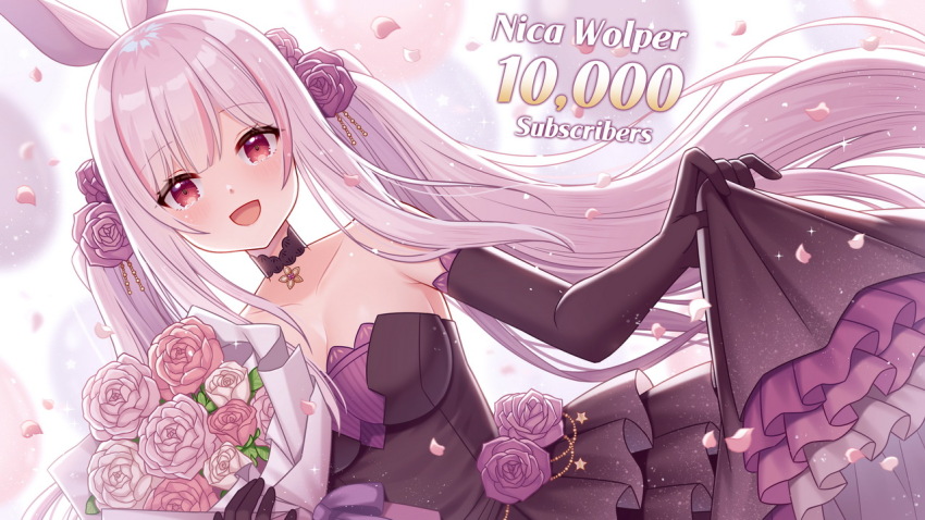 1girl :d animal_ears balloon bare_shoulders black_dress black_gloves blush bouquet breasts character_name cleavage collarbone commentary_request dress elbow_gloves flower gloves grey_hair hair_flower hair_ornament hitsuki_rei holding holding_bouquet indie_virtual_youtuber layered_dress long_hair looking_at_viewer medium_breasts milestone_celebration multicolored_hair nica_wolper open_mouth petals pink_flower pink_rose pleated_dress purple_flower purple_rose rabbit_ears red_eyes red_hair rose skirt_hold smile solo strapless strapless_dress streaked_hair twintails very_long_hair virtual_youtuber white_flower white_rose