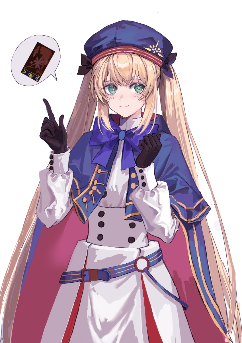 1girl absurdres artoria_caster_(fate) artoria_caster_(second_ascension)_(fate) artoria_pendragon_(fate) belt black_gloves blonde_hair blue_belt blue_bow blue_bowtie blue_cape blue_capelet blue_hat blue_ribbon blush bow bowtie buttons cape capelet commentary dress fate/grand_order fate_(series) gloves green_eyes hair_ribbon hat highres index_finger_raised long_hair long_sleeves looking_at_viewer red_cape ribbon simple_background smile solo twintails two-tone_cape user_hnnj2442 very_long_hair white_background white_dress