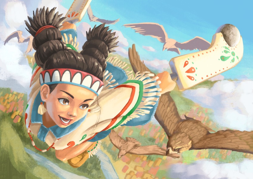 1girl absurdres animal bird black_hair blue_sky brown_eyes cloud club_(weapon) cone_hair_bun dark-skinned_female dark_skin flying fringe_trim hair_bun hawk headband highres holding holding_club holding_weapon impossible_hair landscape lily_hawk medium_hair mexican_clothes moccasins motor_(themotorart) native_american native_american_clothes pogamoggan poncho sky solo_focus street_fighter street_fighter_6 weapon