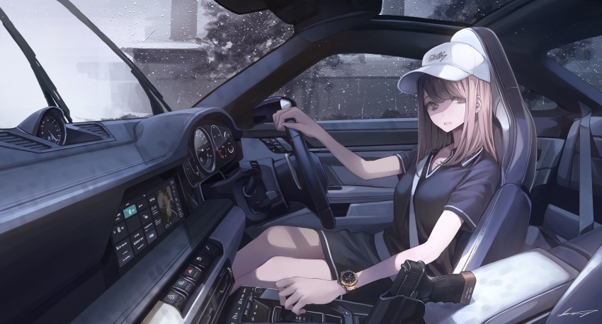 1girl absurdres baseball_cap blonde_hair blue_dress car car_interior commentary dress driving earrings english_commentary glock gun handgun hat highres jewelry koh_(minagi_kou) long_hair looking_at_viewer motor_vehicle original parted_lips porsche rain seatbelt short_sleeves sidelocks sitting solo steering_wheel stud_earrings watch weapon white_hat wristwatch