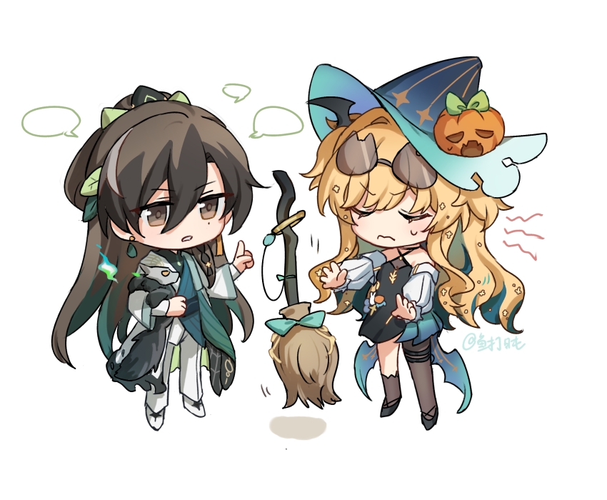 1boy 1girl baiji_(honkai_impact) black_dress black_footwear blank_speech_bubble blonde_hair blue_hat broom brown_eyes brown_hair cat-shaped_eyewear chibi chibi_only chinese_commentary closed_eyes commentary_request dress earrings eyewear_on_head full_body green_hair hat highres honkai_(series) honkai_impact_3rd index_finger_raised jewelry multicolored_hair pants simple_background single_leg_pantyhose songque speech_bubble sweatdrop tinted_eyewear two-tone_hair white_background white_footwear white_pants white_sleeves witch_hat yuuz123