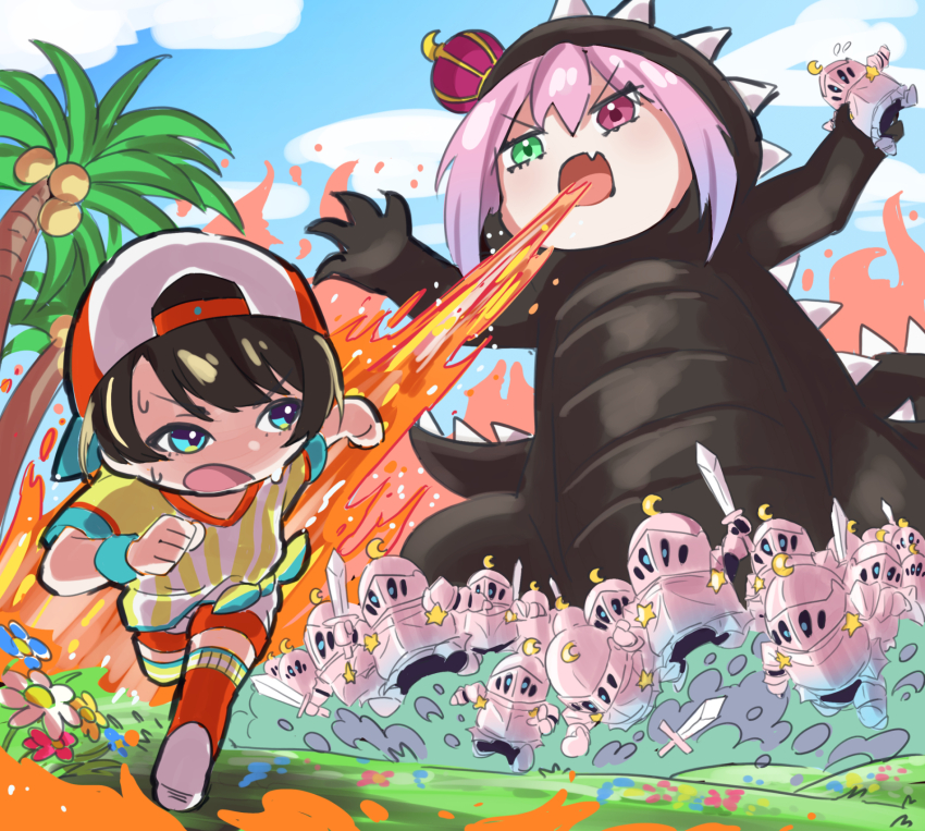 baseball_cap black_hair blue_eyes breath_weapon breathing_fire chibi fire green_eyes hat heterochromia highres himemori_luna hiyashinssu hololive kaiju luknight_(himemori_luna) oozora_subaru pink_hair purple_eyes shirt virtual_youtuber white_hat yellow_shirt