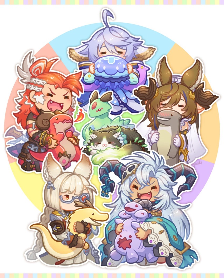 2boys 3girls ahoge animal_ears asymmetrical_bangs asymmetrical_eyewear black_horns blonde_hair braid brown_hair brown_horns capelet cat closed_eyes dark-skinned_female dark_skin dragon dragon_horns draph erune ewiyar_(granblue_fantasy) extra_ears fangs fediel_(granblue_fantasy) fluffy galleon_(granblue_fantasy) glasses gloves granblue_fantasy green_fur grey_hair hair_ornament harvin heterochromatic_eyewear highres horn_ornament horn_ribbon horns jellyfish long_hair lu_woh_(granblue_fantasy) multicolored_hair multiple_boys multiple_girls open_mouth pointy_ears red_hair ribbon skull_hair_ornament smile streaked_hair stuffed_animal stuffed_dragon stuffed_toy tinted_eyewear wamdus_(granblue_fantasy) white_gloves white_hair wilnas_(granblue_fantasy) yellow_capelet yellow_eyes yuiko_(yuiyuiko_108)