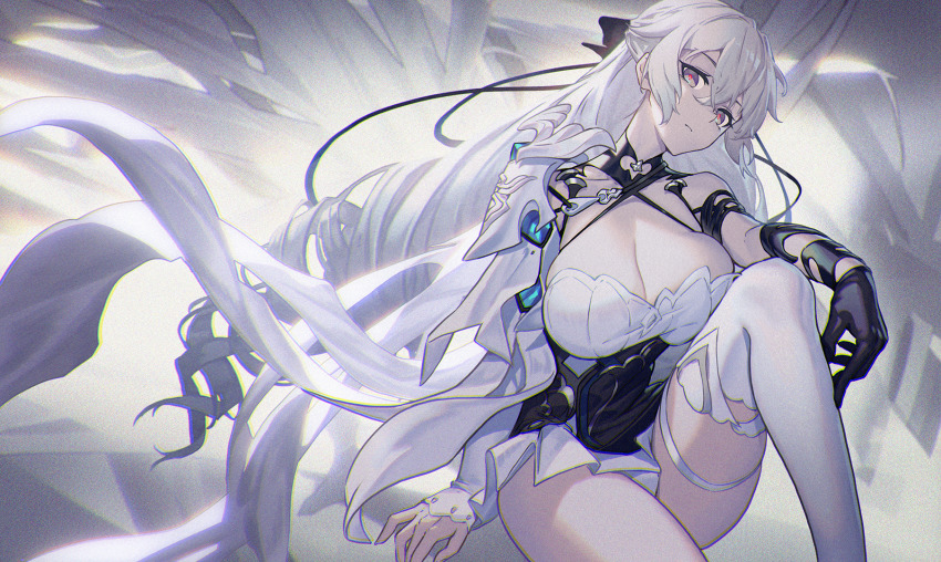 1girl black_gloves breasts bronya_zaychik bronya_zaychik_(silverwing:_n-ex) cleavage crossed_bangs drill_hair gloves grey_eyes hair_between_eyes highres honkai_(series) honkai_impact_3rd large_breasts long_hair looking_at_viewer madyy red_pupils single_glove single_thighhigh sitting solo thighhighs twin_drills white_hair white_thighhighs