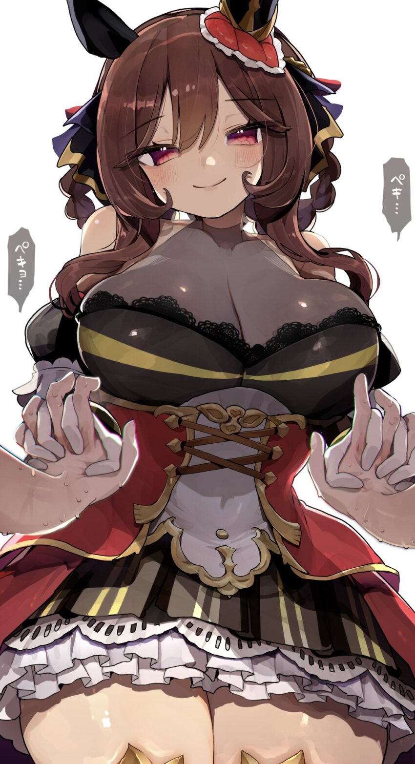 1girl 1other animal_ears breasts brown_hair commentary_request detached_sleeves gentildonna_(umamusume) hair_between_eyes hair_ornament hair_rings highres holding_hands horse_ears horse_girl large_breasts looking_at_viewer medium_hair pov pov_hands red_eyes simple_background smile tamukoro translation_request umamusume white_background