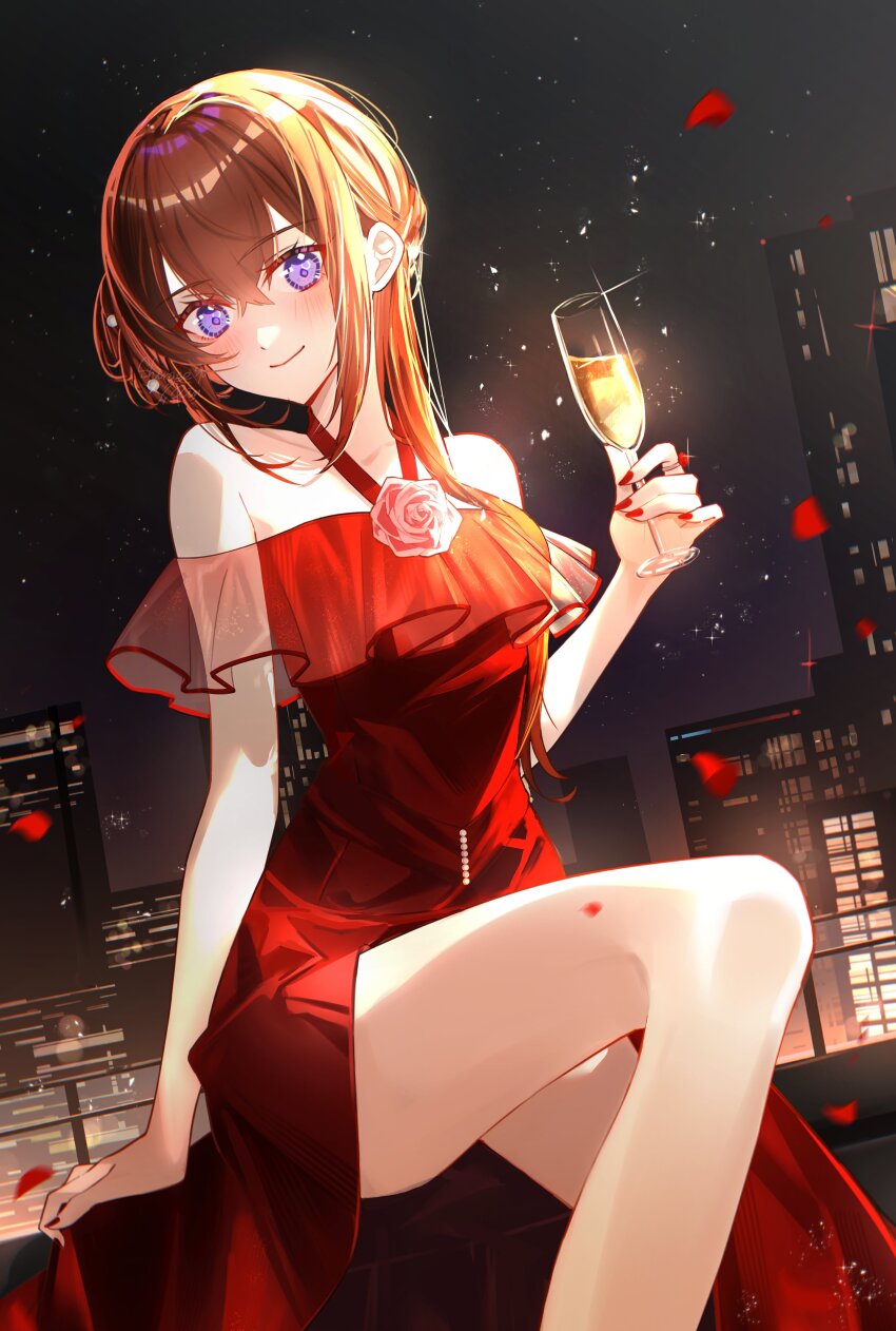 1girl absurdres bare_legs bare_shoulders blush city_lights cityscape cup double-parted_bangs dress drinking_glass flower frilled_dress frills highres holding holding_cup long_hair looking_at_viewer makise_kurisu nail_polish night night_sky petals purple_eyes red_dress red_flower red_hair red_nails red_rose rose rose_petals shirase_rin sidelocks sitting sky solo steins;gate thighs wine_glass