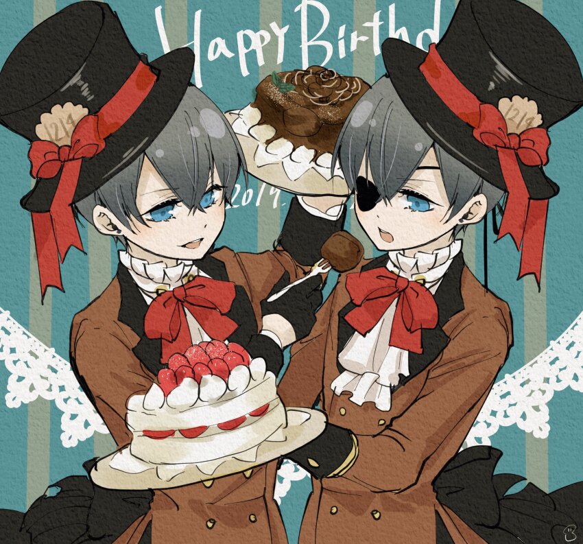 2019 2boys ascot black_bow black_gloves blue_background blue_eyes blue_hair bow bowtie brown_jacket buttons cake chocolate_cake ciel_phantomhive ciel_phantomhive&#039;s_brother eyepatch food fork gloves happy_birthday hat hat_bow highres holding holding_fork holding_plate jacket kuroshitsuji male_focus multiple_boys open_mouth plate red_bow red_bowtie siblings strawberry_cake teeth top_hat twins upper_teeth_only white_ascot yu_ki_koo