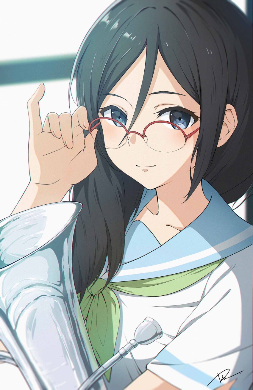 1girl absurdres adjusting_eyewear arm_up black_hair blue_eyes dai_(tdaitw) euphonium glasses hand_on_eyewear hibike!_euphonium highres holding holding_instrument instrument long_hair looking_at_viewer school_uniform smile tanaka_asuka