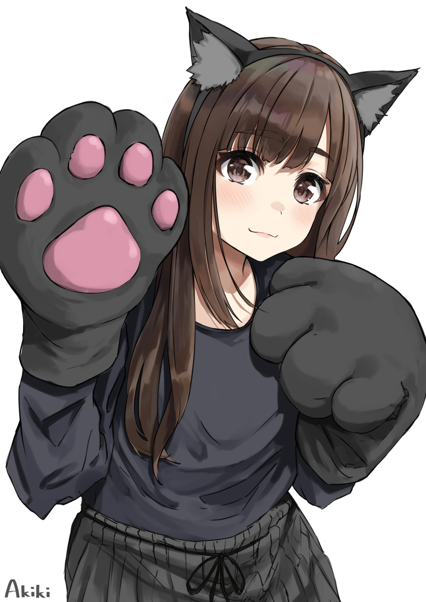 1girl absurdres akiki_(kiki) animal_ear_fluff animal_ears artist_name black_gloves black_hairband black_pants black_shirt brown_eyes brown_hair cat_ears closed_mouth fake_animal_ears gloves hairband hands_up highres light_blush lips long_hair long_sleeves looking_at_viewer pants paw_gloves real_life shirt simple_background smile solo straight_hair suzuki_aina_(voice_actor) upper_body white_background