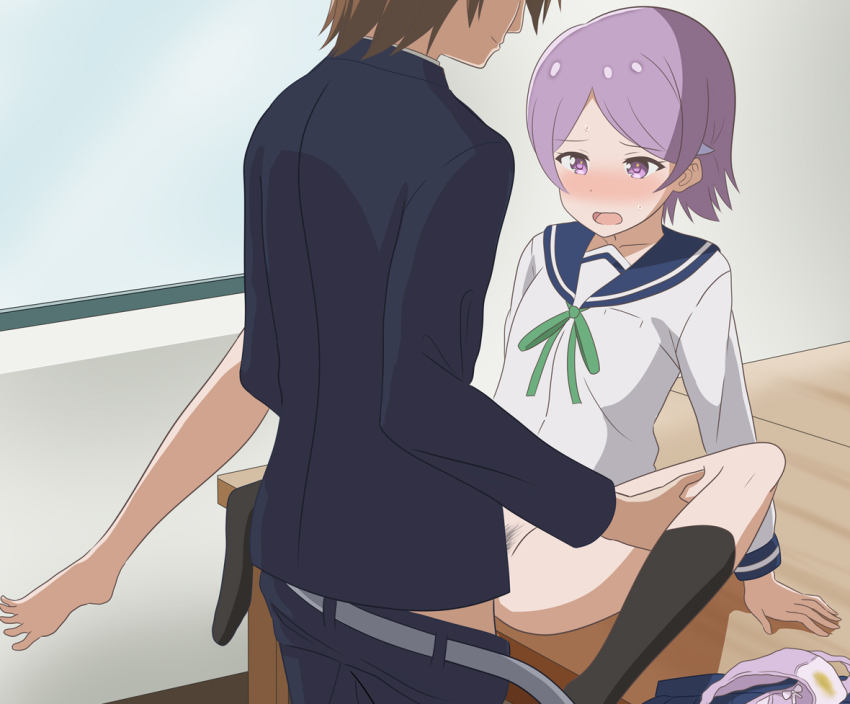 1boy 1girl belt black_socks blue_sailor_collar blush brown_hair clothed_sex green_ribbon hanabikawa_alice hetero koisuru_asteroid long_sleeves missionary open_mouth panties pubic_hair purple_eyes purple_hair ribbon sailor_collar sex simple_background socks spread_legs stained_panties suzuya_moe underwear vaginal