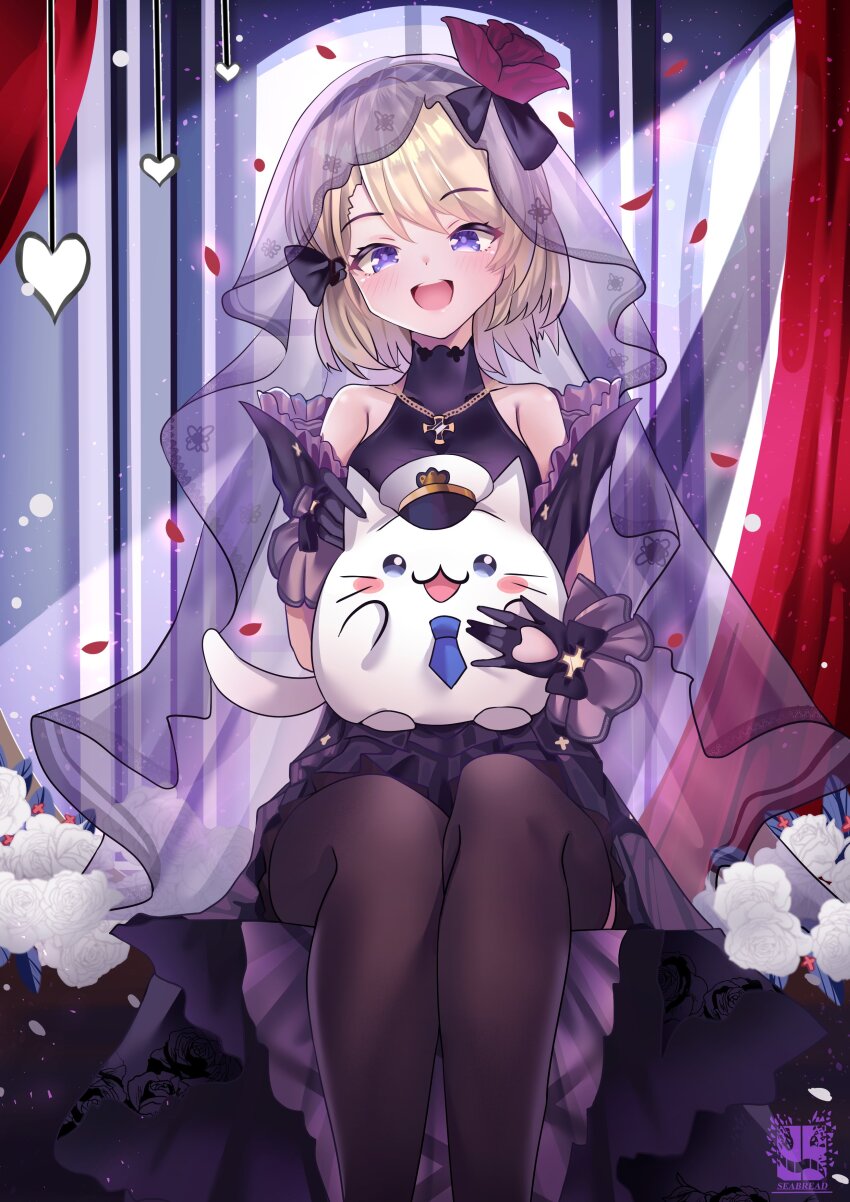 1girl absurdres azur_lane bare_shoulders black_dress black_gloves black_pantyhose blonde_hair bridal_veil clothing_cutout dress flower gloves hair_flower hair_ornament hat heart_cutout highres meowfficer_(azur_lane) official_alternate_costume pantyhose peaked_cap petals purple_eyes red_flower red_rose rose rose_petals seabread short_hair sitting solo veil wedding_dress white_flower white_hat white_rose z23_(azur_lane) z23_(schwarze_hochzeit)_(azur_lane)