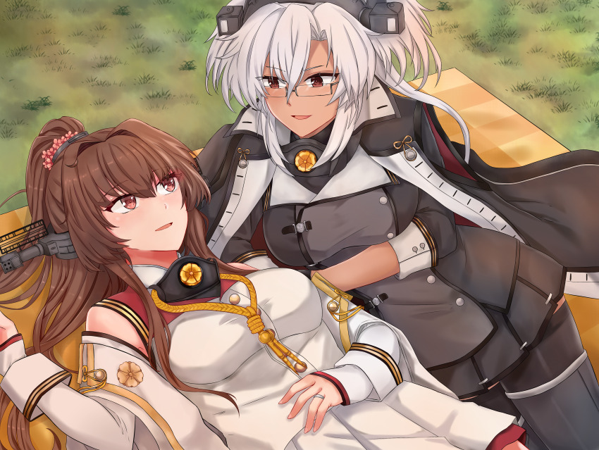 2girls absurdres black_coat black_shirt black_skirt blouse blush breasts brown_eyes brown_hair coat dark_skin flower glasses grass grey_hair hair_flower hair_intakes hair_ornament headgear highres jewelry kantai_collection large_breasts long_hair long_sleeves looking_at_another lying multiple_girls musashi_(kancolle) musashi_kai_ni_(kancolle) open_mouth pleated_skirt ponytail ring rug rukialice shirt short_hair sidelocks skirt sleeveless sleeveless_coat twintails wedding_ring white_coat white_shirt white_skirt yamato_(kancolle) yamato_kai_ni_(kancolle)