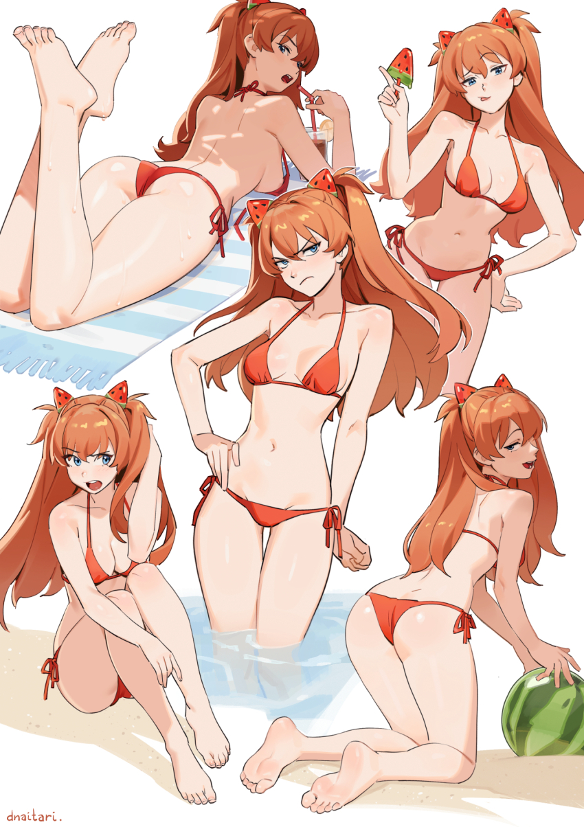 1girl :o artist_name ass barefoot beach beach_towel bikini blue_eyes blush breasts closed_mouth collarbone curvy dnaitari eyelashes feet feet_up food food-themed_hair_ornament frown fruit full_body hair_ornament hand_on_own_hip head_tilt highres holding holding_food kneeling knees_up legs long_hair looking_at_viewer looking_back lying medium_breasts multiple_views neon_genesis_evangelion on_stomach open_mouth orange_bikini orange_hair outdoors popsicle shadow side-tie_bikini_bottom sidelocks sitting soles souryuu_asuka_langley standing swimsuit the_pose thighs thong thong_bikini toenails toes tongue tongue_out towel tsundere two_side_up wading water watermelon watermelon_bar watermelon_hair_ornament wide_hips