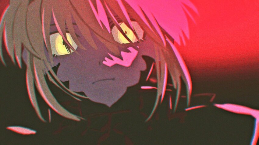 1girl amemasu79 armor artoria_pendragon_(all) artoria_pendragon_(fate) black_armor blonde_hair close-up expressionless fate/stay_night fate_(series) looking_at_viewer red_light saber_alter sidelighting solo yellow_eyes