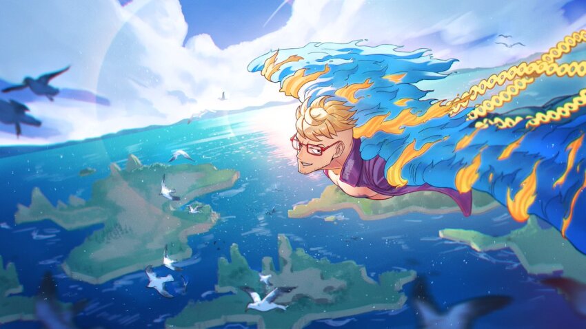 1boy animal beard_stubble bird bird_boy blonde_hair blue_fire blue_wings cloud collared_shirt devil_fruit_power facial_hair fiery_wings fire flying glasses island lens_flare looking_to_the_side male_focus marco_(one_piece) ocean one_piece open_clothes open_shirt pectorals purple_shirt red-framed_eyewear seagull shirt sideways_glance sky smile solo stnutt stubble teeth water wings