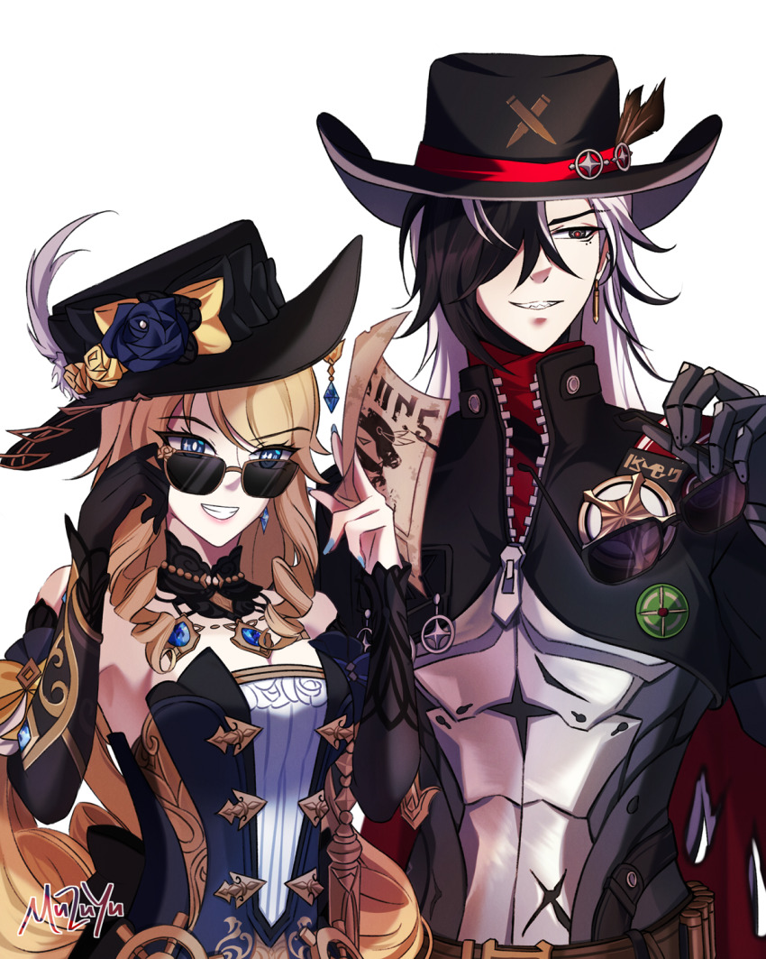 1boy 1girl artist_name black_hair black_hat blonde_hair blue_eyes blue_gemstone boothill_(honkai:_star_rail) bright_pupils company_connection cowboy_hat cropped_jacket crosshair_pupils crossover cyborg detached_collar detached_sleeves dress drill_hair drill_sidelocks earrings fingernails flower gem genshin_impact gloves grey_hair grin hair_over_one_eye hat hat_feather hat_flower height_difference highres holding holding_removed_eyewear honkai:_star_rail honkai_(series) jacket jewelry long_hair looking_over_eyewear looking_to_the_side mechanical_hands multicolored_hair muzuyu nail_polish navia_(genshin_impact) partially_unzipped red_pupils sharp_teeth sheriff_badge side-by-side sidelocks simple_background single_glove smile sunglasses teeth two-tone_hair unworn_eyewear upper_body very_long_hair wanted_poster white_background white_pupils zipper zipper_pull_tab