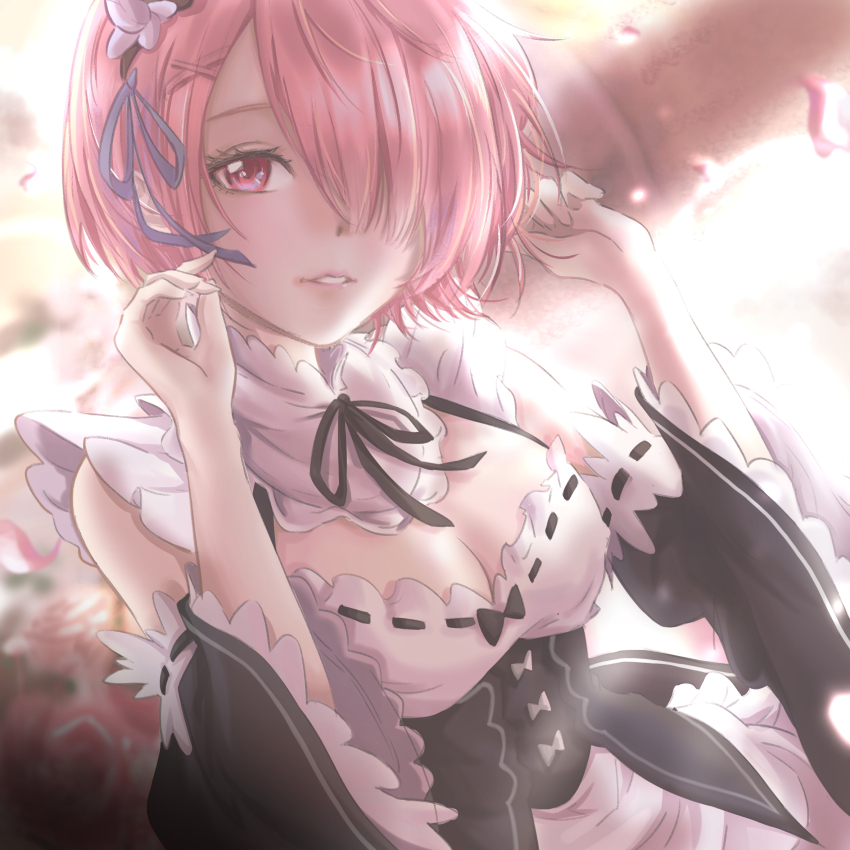 1girl black_dress black_sleeves breasts cleavage cleavage_cutout clothing_cutout detached_sleeves dress frilled_dress frilled_sleeves frills hair_ornament hair_over_one_eye hands_up highres kirin_13 lips long_sleeves looking_at_viewer medium_breasts parted_lips pink_eyes pink_hair ram_(re:zero) re:zero_kara_hajimeru_isekai_seikatsu ribbon-trimmed_dress ribbon_trim roswaal_mansion_maid_uniform solo two-tone_dress white_dress wide_sleeves