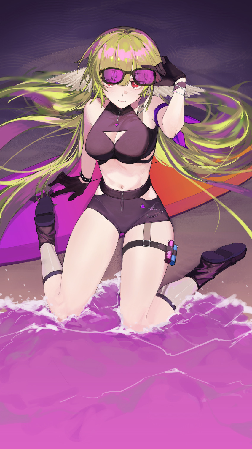 1girl absurdres adjusting_eyewear arknights arm_up beach bikini black_bikini black_footwear black_gloves breasts chinese_commentary cleavage cleavage_cutout closed_mouth clothing_cutout commentary_request fang_bai_doufu_wu from_above full_body gloves green_hair head_wings highres light_blush long_hair looking_at_viewer medium_breasts multicolored_hair navel official_alternate_costume outdoors pink-tinted_eyewear pink_hair pink_water poncirus_(arknights) poncirus_(to_rest_in_night_breezes)_(arknights) red_eyes removing_eyewear shoe_soles sitting solo surfboard swimsuit thigh_strap tinted_eyewear two-tone_hair wings