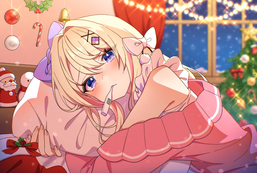 1girl bell blonde_hair blurry blurry_background blush bow cardigan christmas christmas_ornaments christmas_tree closed_mouth commentary curtains diamond_hair_ornament digital_thermometer fingernails glint hair_between_eyes hair_bow hair_intakes hair_ornament hairclip highres holding holding_pillow holding_thermometer indie_virtual_youtuber indoors kodebiru long_hair looking_at_viewer lying mouth_hold multicolored_hair night on_stomach pillow pink_cardigan pink_hair pom_pom_(clothes) purple_bow purple_eyes red_socks second-party_source shirt sick snowing socks solo streaked_hair tearing_up thermometer virtual_youtuber watagashi_unou white_bow white_shirt window