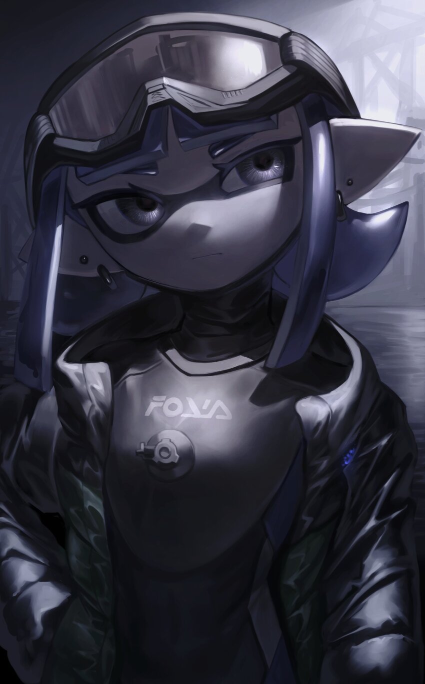 1girl absurdres black_jacket black_wetsuit bodysuit covered_navel diving_mask diving_mask_on_head diving_suit earrings goggles goggles_on_head grey_eyes half-closed_eyes hand_in_pocket highres inkling inkling_girl inkling_player_character jacket jewelry looking_to_the_side medium_hair nintendo no_(13_10_1230) open_clothes open_jacket pointy_ears purple_hair solo splatoon_(series) tentacle_hair thick_eyebrows uneven_eyes upper_body wetsuit