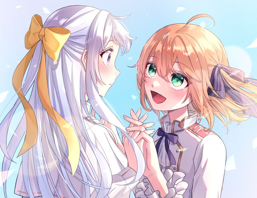 2girls ahoge anisphia_wynn_palettia ascot blonde_hair bow euphyllia_magenta frilled_sleeves frills green_eyes hair_bow hair_ribbon half_updo highres holding_hands long_hair looking_at_another multiple_girls nashinome_(y5wlht) one_side_up open_mouth parted_lips purple_eyes ribbon smile tensei_oujo_to_tensai_reijou_no_mahou_kakumei