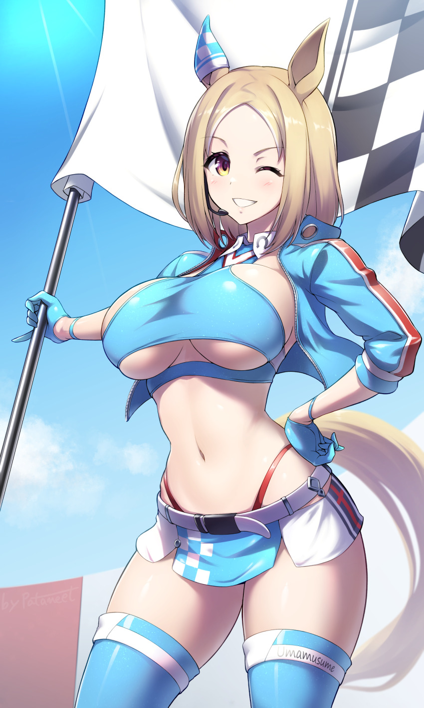 1girl absurdres animal_ears blonde_hair blue_gloves blue_jacket blue_skirt blue_thighhighs breasts brown_eyes checkered_clothes checkered_flag contrapposto flag gloves halterneck headset highleg highleg_panties highres horse_ears horse_girl horse_tail jacket large_breasts looking_at_viewer microphone narita_top_road_(umamusume) one_eye_closed panties parted_lips pataneet race_queen red_panties short_hair skirt solo tail thighhighs umamusume underboob underwear