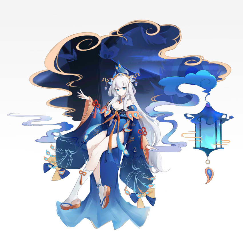 1girl absurdres aoandon blue_eyes blue_nails breasts cleavage full_body hair_rings headpiece highres lantern long_hair medium_breasts onmyoji sandals sanqianqianqianqian_w sitting smoke socks solo very_long_hair white_hair white_socks wide_sleeves