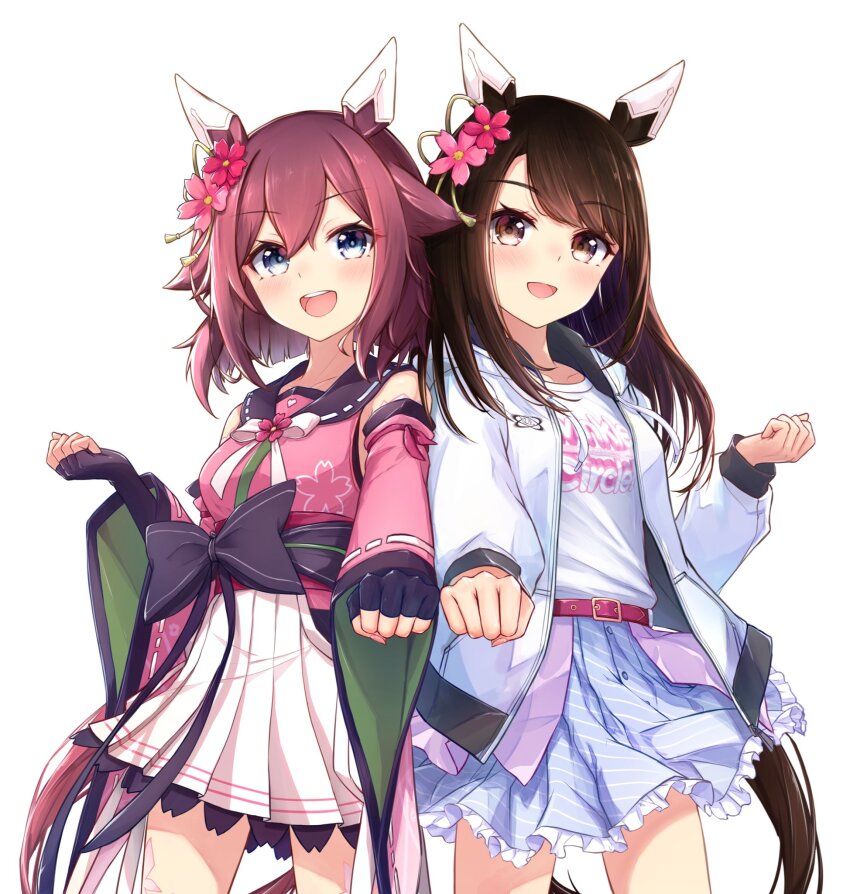 2girls animal_ears belt black_hair blue_eyes breasts clenched_hands commentary_request fingerless_gloves flower gloves hair_flaps hair_flower hair_ornament highres horse_ears horse_girl horse_tail jacket looking_at_viewer medium_breasts multiple_girls open_mouth pink_hair sakura_chiyono_o_(umamusume) sarasuty tail thighhighs umamusume white_background