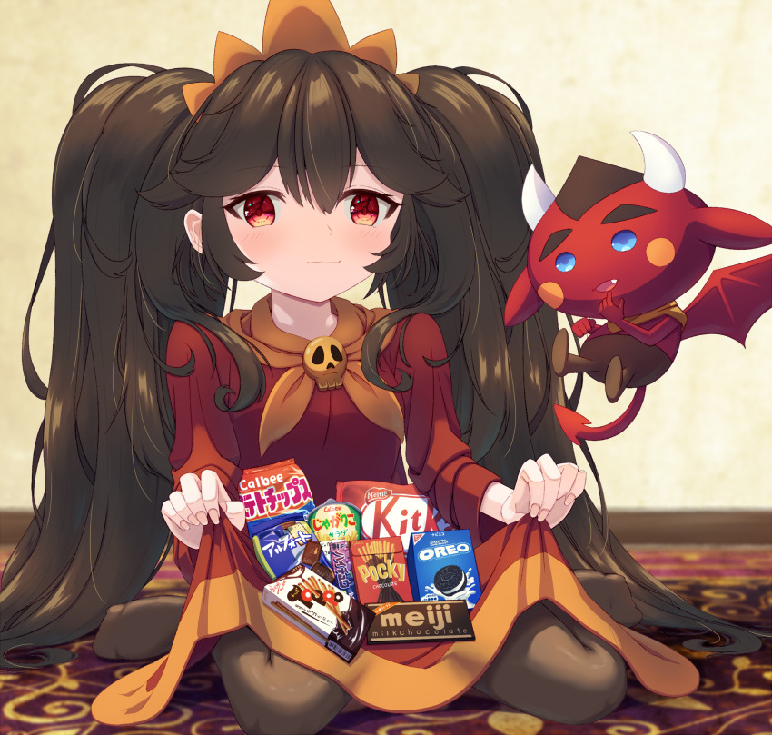 1girl ashley_(warioware) black_hair blue_eyes blush candy demon demon_horns demon_tail demon_wings dress food hair_between_eyes highres holding holding_unworn_clothes holding_unworn_dress horns kitkat kneeling long_hair long_sleeves looking_at_viewer matchamassa necktie nintendo open_mouth orange_necktie orange_trim oreo pocky red_(warioware) red_dress red_eyes rug skirt skirt_hold skull_ornament tail warioware wings wooden_floor