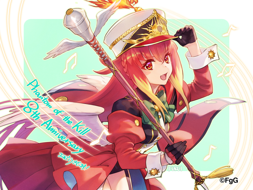 1girl absurdres apollon_(phantom_of_the_kill) artist_name black_gloves blonde_hair bow bowtie braid fang gloves green_bow green_bowtie hand_on_headwear hat highres holding holding_staff long_sleeves looking_at_viewer multicolored_hair musical_note official_alternate_costume official_art open_mouth orange_hair phantom_of_the_kill second-party_source sidelocks simple_background skin_fang solo staff two-tone_hair white_hat white_wings wings