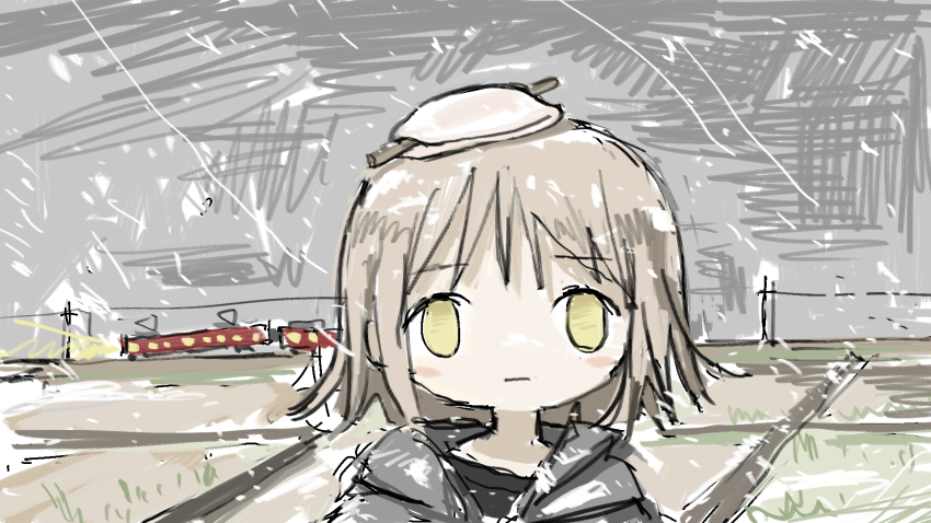 1girl blank_eyes blank_stare blonde_hair food food_on_head grey_hoodie hanabira_mochi highres hood hoodie landscape no_pupils object_on_head original outdoors portrait short_hair sketch snowing train tsukumizu_yuu yellow_eyes