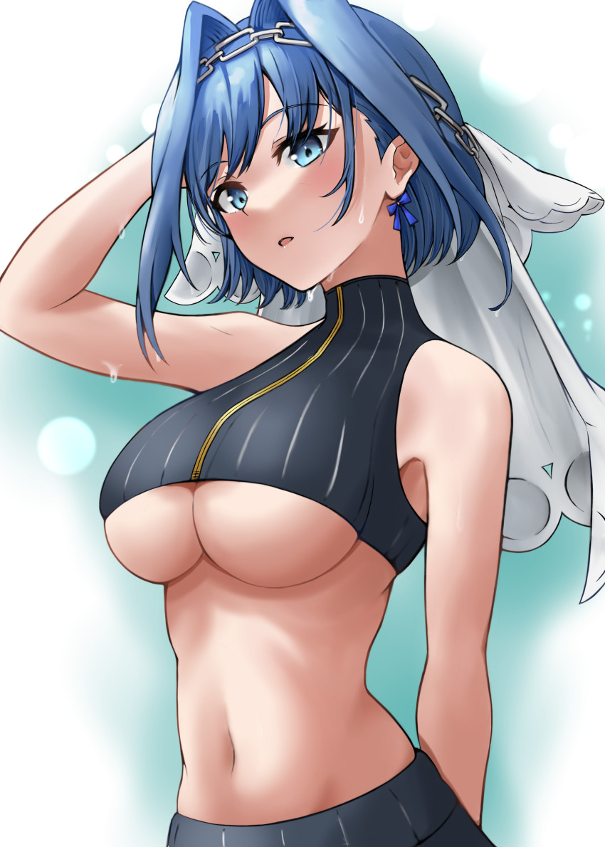 1girl absurdres arm_behind_head bare_arms bare_shoulders blue_eyes blue_hair breasts chain crop_top from_below gradient_background hair_between_eyes hair_intakes hairband hand_up highres hololive hololive_english large_breasts lds_(dstwins97) looking_at_viewer midriff navel open_mouth ouro_kronii ouro_kronii_(1st_costume) revision short_hair solo sweat swept_bangs underboob upper_body veil virtual_youtuber wet wet_hair white_background