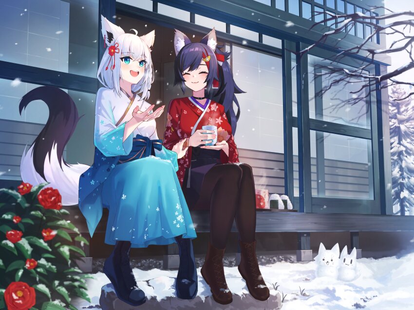 2girls absurdres animal_ear_fluff animal_ears aqua_eyes bare_tree black_hair black_hakama black_pantyhose blue_hakama blush closed_eyes commentary_request crossed_bangs cup cupping_hand flower food fox_ears fox_girl fox_tail full_body furisode hair_ornament hakama hakama_short_skirt hakama_skirt highres holding holding_cup hololive japanese_clothes japanese_house kanzashi kimono miofa_(ookami_mio) multiple_girls obi obidome official_alternate_costume onigiri ookami_mio ookami_mio_(new_year) pantyhose plant red_flower red_kimono sash shirakami_fubuki shirakami_fubuki_(new_year) shouji sitting skirt sliding_doors smile snow snow_sculpture snowing sty sukonbu_(shirakami_fubuki) swept_bangs tail terrace tree virtual_youtuber white_hair white_kimono winter wolf_ears wolf_girl wolf_tail