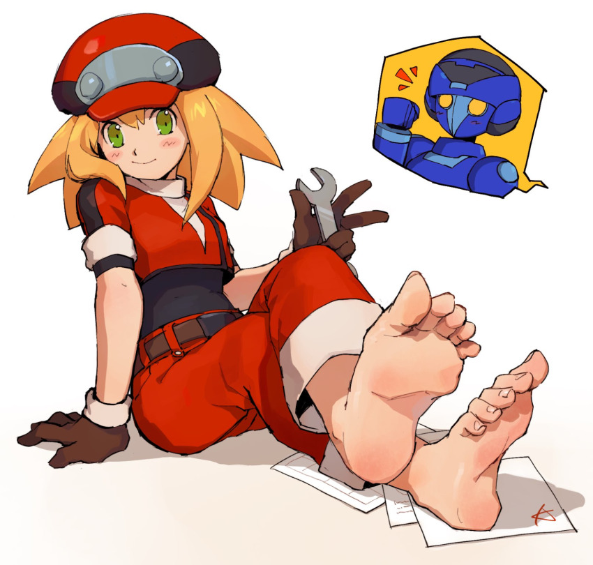 1boy 1girl alternate_universe artist_request barefoot black_bodysuit blonde_hair blueprint_(object) blush bodysuit bodysuit_under_clothes breasts brown_gloves excited feet gloves green_eyes hat highres holding holding_wrench medium_breasts mega_man_(series) mega_man_legends_(series) mega_man_volnutt non-humanoid_robot non-web_source pants papers red_hat red_pants red_shirt robot roll_caskett_(mega_man) shirt soles toes touhou3939 wrench