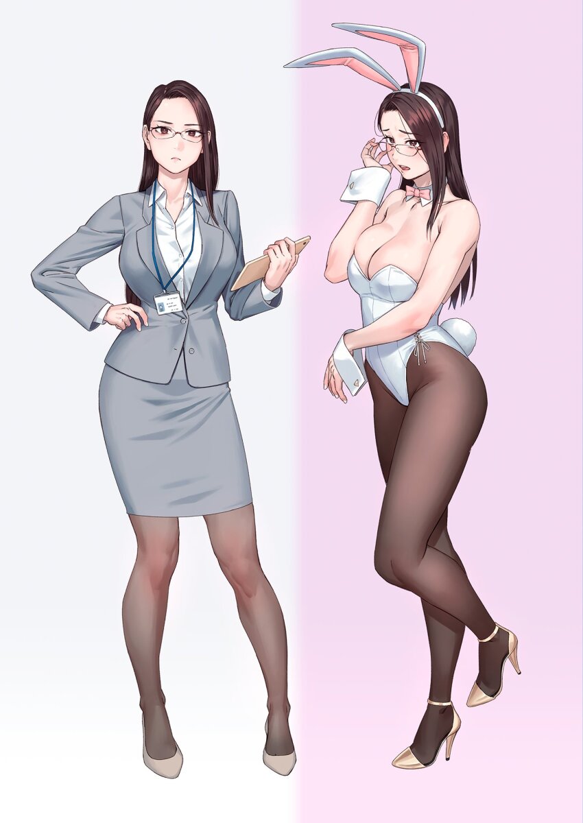 1girl animal_ears bare_shoulders blush bow bowtie breasts brown_eyes brown_hair cleavage detached_collar fake_animal_ears formal_clothes formal_clothes full_body glasses grey_background hand_on_own_hip high_heels highres large_breasts leotard long_hair long_sleeves looking_at_viewer office_lady original pantyhose pencil_skirt playboy_bunny rabbit_ears rabbit_tail shirt shoes simple_background skirt skirt_suit standing strapless strapless_leotard suit tail wrist_cuffs yuuji_(and)