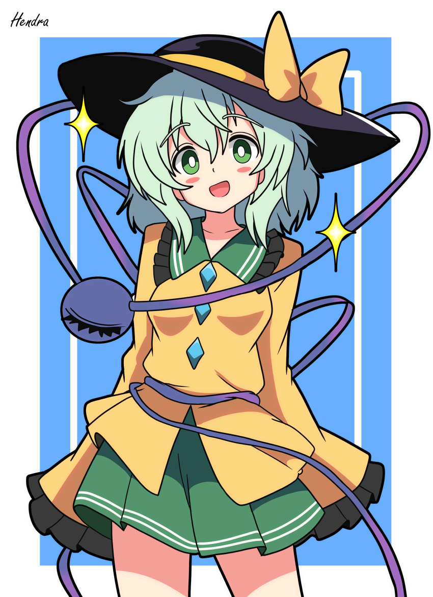 1girl :d absurdres artist_name black_hat black_outline blue_background blush_stickers border bow bright_pupils buttons commentary_request cowboy_shot diamond_button frilled_shirt_collar frilled_sleeves frills green_eyes green_hair green_skirt hair_between_eyes hat hat_bow hendra highres komeiji_koishi looking_at_viewer medium_hair open_mouth outline outside_border partial_commentary pleated_skirt shirt signature simple_background skirt sleeves_past_fingers sleeves_past_wrists smile solo sparkle split_mouth standing third_eye touhou white_border white_pupils yellow_bow yellow_shirt