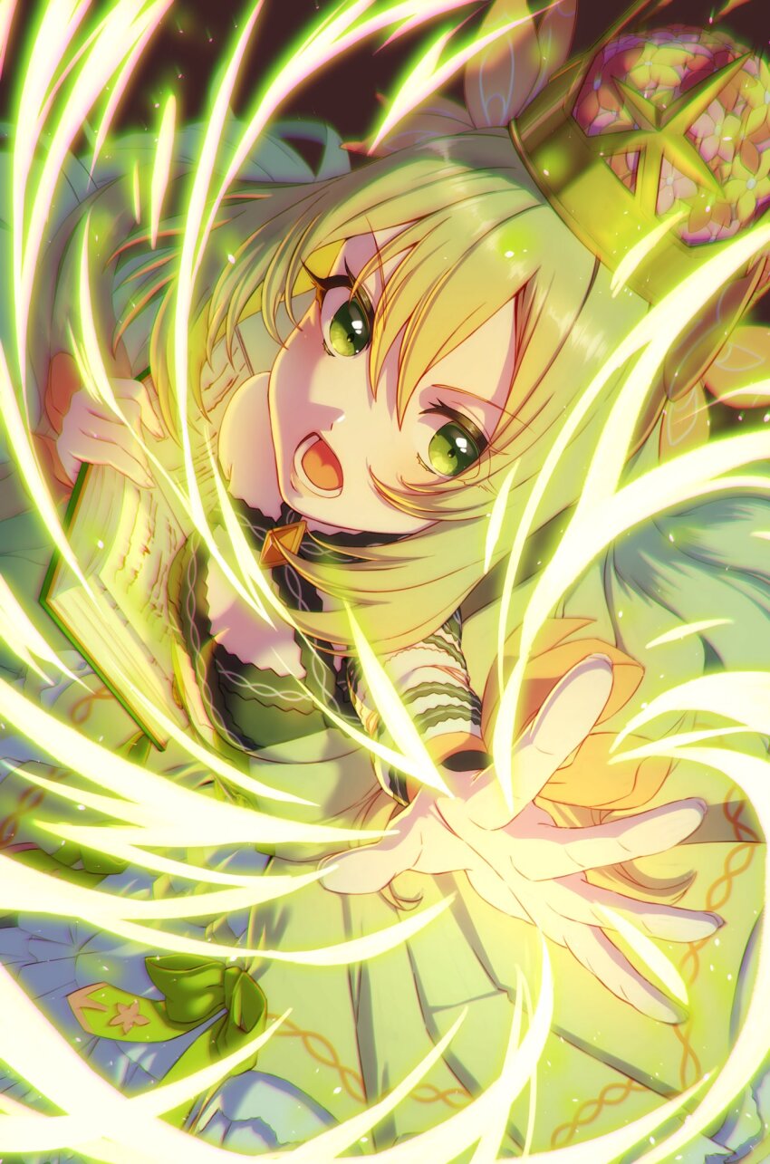 1girl aduti_momoyama blonde_hair book bow breasts celine_(fire_emblem) cleavage dress dress_bow eyes_visible_through_hair fingernails fire_emblem fire_emblem_engage flower gem green_bow green_eyes hair_between_eyes highres holding holding_book long_hair lower_teeth_only magic nintendo open_mouth orange_bow orange_gemstone outstretched_arm pink_flower princess red_flower small_breasts solo teeth wrist_bow yellow_flower