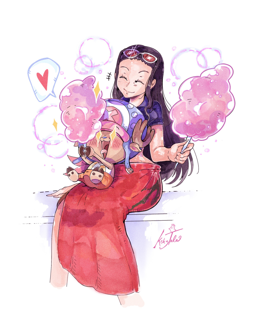 1boy 1girl absurdres age_difference artist_name cotton_candy cropped_jacket eyewear_on_head food highres holding holding_cotton_candy holding_food jacket kekstala midriff nico_robin nico_robin_(return_to_sabaody) one_piece sarong short-sleeved_jacket short_sleeves smile speech_bubble sunglasses tony_tony_chopper