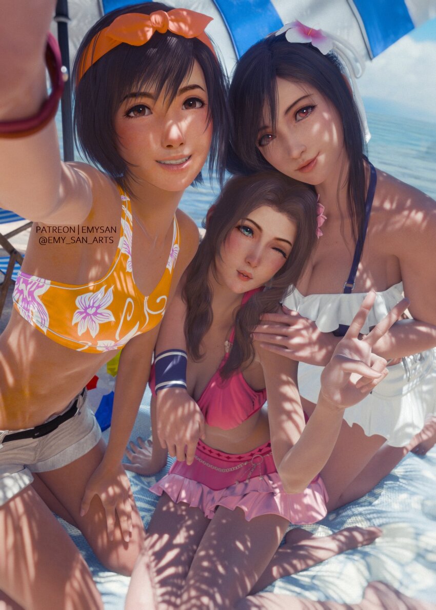 3girls aerith_gainsborough aerith_gainsborough_(pink_mermaid) beach beach_umbrella bikini bikini_skirt black_hair breasts brown_hair cleavage emy-san final_fantasy final_fantasy_vii final_fantasy_vii_rebirth final_fantasy_vii_remake frilled_bikini frilled_bikini_top frills hairband highres large_breasts medium_breasts multiple_girls official_alternate_costume official_alternate_hairstyle one_eye_closed orange_hairband parted_lips puckered_lips selfie smile star_(symbol) swimsuit tifa_lockhart tifa_lockhart_(shining_spirit) umbrella v yuffie_kisaragi yuffie_kisaragi_(summer_orange)