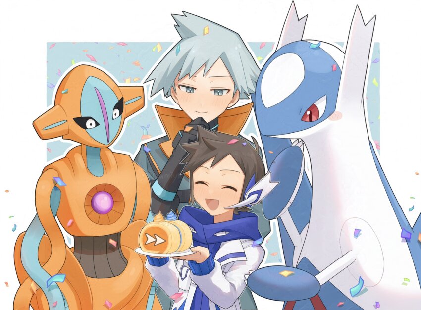 2boys :d ^_^ black_gloves blue_eyes blue_hair blush brendan_(pokemon) brendan_(sygna_suit)_(pokemon) brown_hair closed_eyes closed_mouth coat confetti creatures_(company) deoxys earpiece food game_freak gen_3_pokemon gloves half-closed_eyes hand_up highres holding holding_food jacket latios legendary_pokemon light_blue_hair long_sleeves male_focus mio14s multiple_boys mythical_pokemon nintendo official_alternate_costume open_mouth pokemon pokemon_(creature) pokemon_masters_ex short_hair smile steven_stone steven_stone_(sygna_suit) white_jacket