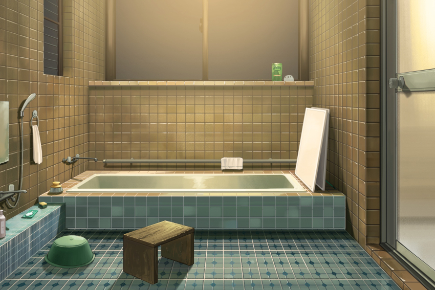 bar_soap bath bath_stool bathroom door furumiya-underson highres indoors no_humans original scenery stool tile_floor tile_wall tiles window