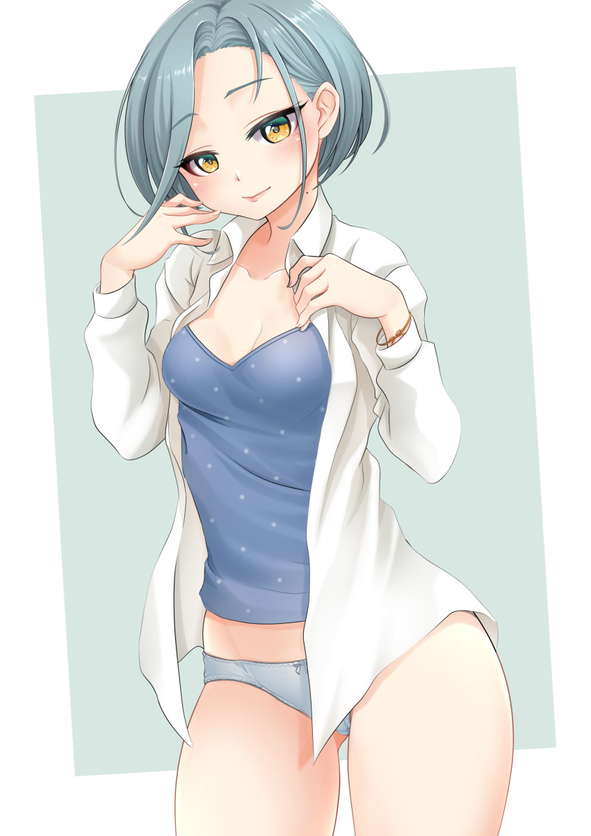 1girl absurdres blue_camisole camisole commentary_request cowboy_shot dress_shirt forehead grey_hair highres kantai_collection makura_(y_makura) mole mole_on_neck open_clothes open_shirt panties shirt short_hair solo standing swept_bangs tamanami_(kancolle) underwear white_panties white_shirt yellow_eyes