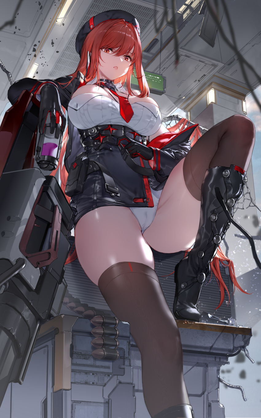 1girl absurdres ammunition beret black_footwear black_gloves black_hat black_thighhighs boots breasts cameltoe commentary_request duplicate foot_out_of_frame from_below gloves goddess_of_victory:_nikke hat highres holding knee_boots large_breasts long_hair long_sleeves looking_at_viewer looking_down parted_lips pixel-perfect_duplicate rapi_(nikke) rapi_(red_hood)_(nikke) red_eyes red_hair solo swd3e2 thighhighs thighs