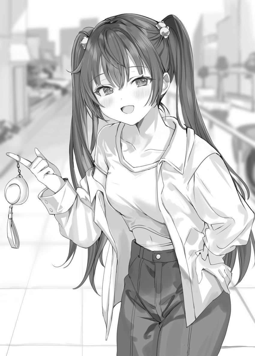 1girl absurdres blurry blurry_background blush breasts collarbone commentary_request cowboy_shot greyscale hand_on_own_hip highres index_finger_raised jacket long_hair looking_at_viewer medium_breasts midriff momoko_(momopoco) monochrome navel novel_illustration official_art open_clothes open_jacket open_mouth outdoors pants second-party_source shirt short_sleeves single_off_shoulder smile solo standing suou_yuki tokidoki_bosotto_roshia-go_de_dereru_tonari_no_alya-san twintails