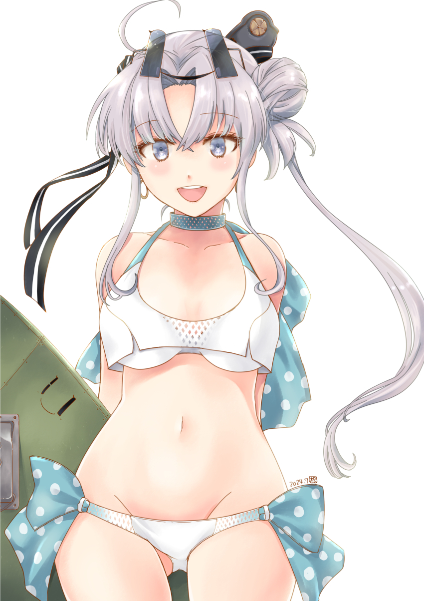 1girl absurdres ahoge aircraft airplane akitsushima_(kancolle) akitsushima_(swimsuit_mode)_(kancolle) bikini breasts earrings eyewear_on_head floating_earring flying_boat frilled_bracelet grey_hair h8k hair_bun highres jewelry kantai_collection long_hair matsuura@parao medium_breasts nishikitaitei-chan open_mouth polka_dot purple_eyes purple_hair side_ponytail simple_background smile solo swimsuit white_bikini