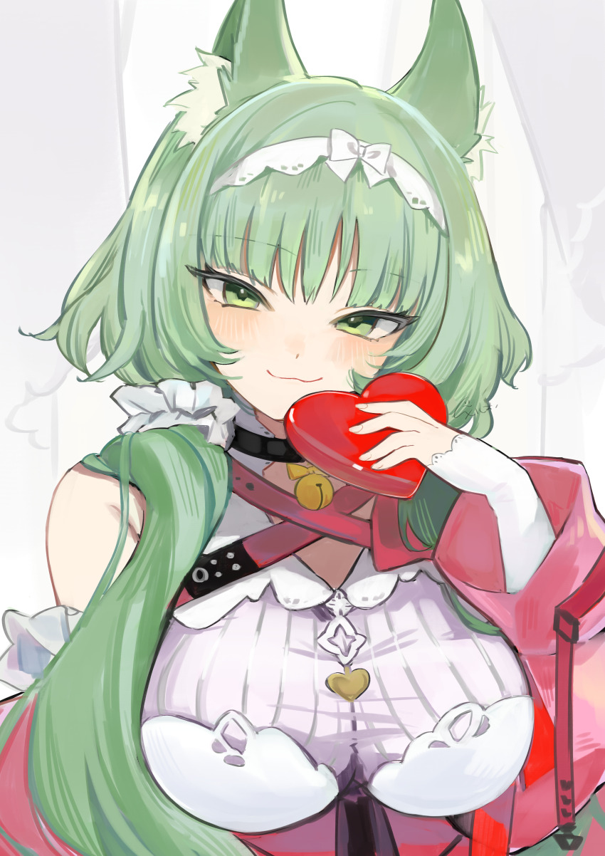 1girl :3 absurdres animal_ear_fluff animal_ears arknights bell blush box box_of_chocolates breasts commentary_request green_eyes green_hair harmonie_(arknights) harmonie_(decoration)_(arknights) heart heart-shaped_box highres holding holding_box jacket k-yosinori large_breasts long_hair looking_at_viewer neck_bell official_alternate_costume partial_commentary pink_jacket shirt simple_background single_bare_shoulder smile solo upper_body white_background white_shirt