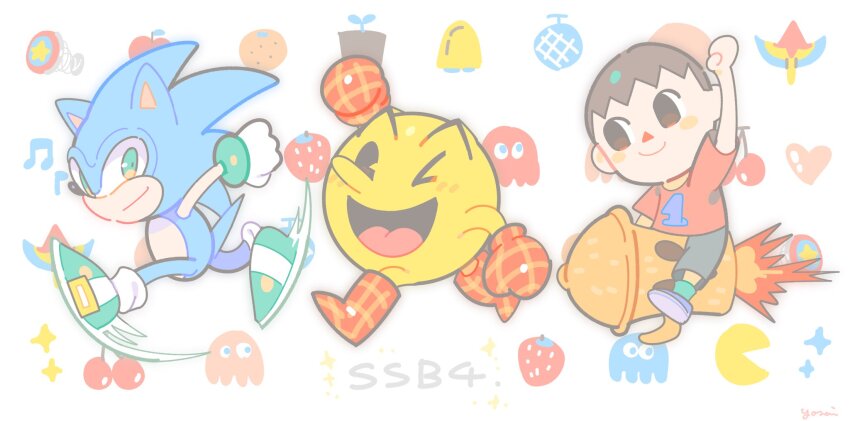 1boy animal_crossing arm_up blinky_(pac-man) blush_stickers brown_eyes cherry food fruit full_body green_eyes heart highres inky_(pac-man) melon nintendo orange_(fruit) pac-man pac-man_(game) pac-man_eyes pinky_(pac-man) running smile sonic_(series) sonic_the_hedgehog strawberry super_smash_bros. villager_(animal_crossing) yasaikakiage