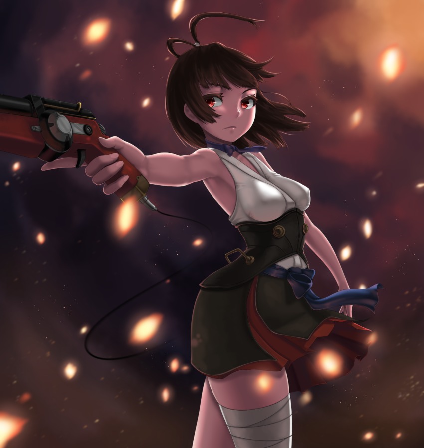 10s 1girl armpits bandages breasts brown_hair choker cloel corset embers female_focus gun hakama hakama_short_skirt hakama_skirt highres japanese_clothes koutetsujou_no_kabaneri looking_at_viewer medium_breasts miniskirt mumei_(kabaneri) red_eyes ribbon_choker sash short_hair skirt solo trigger_discipline underbust weapon