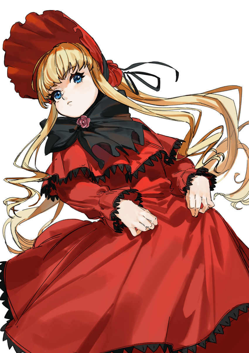 1girl absurdres black_bow black_bowtie blonde_hair blue_eyes bonnet bow bowtie capelet closed_mouth dress flower frown highres lolita_fashion long_hair long_sleeves pink_flower pink_rose red_capelet red_dress rose rozen_maiden shinku simple_background solo white_background zou_(pixiv16822216)